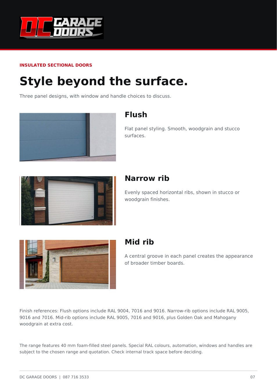 Brochure page 7: Sectional styles and finishes
