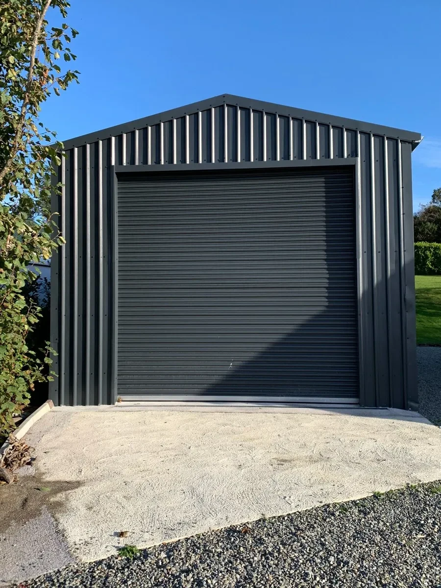 Dark roller door detached metal garage